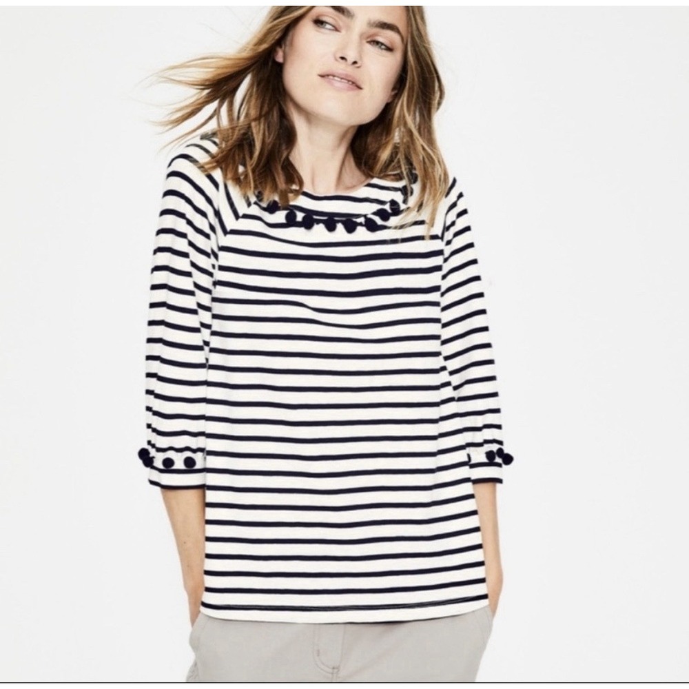 Boden Rosemary Jersey Breton Stripe Pom Pom Top Women's 6 Navy White Preppy
